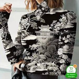 Black and White Floral Japanese Long Sleeve turtleneck stretch Top